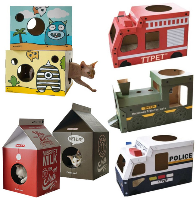 고양이 자동차 우유팩 하우스 스크레쳐 7종 고양이 숨숨집 스트레스 해소 장난감 우유 스크래쳐 집사 준비물, 우유팩 하우스 스크레쳐 (딸기우유), 1개