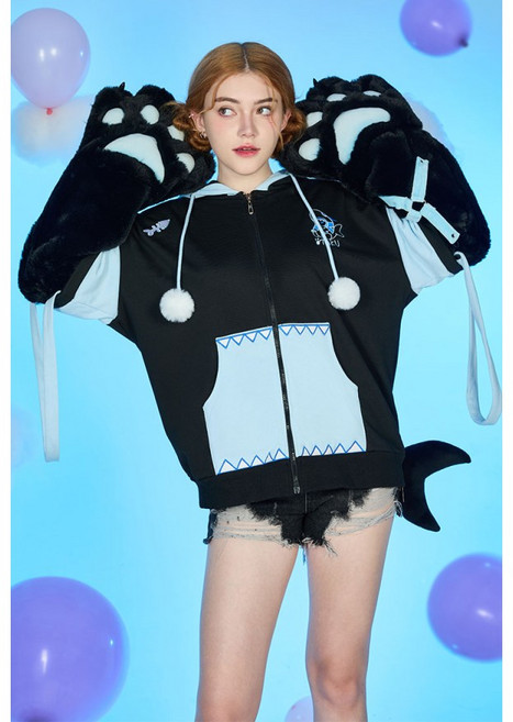 미코타쿠 블랙 & 블루 어린 상어 후드티 고양이 발 디자인 데일리웨어