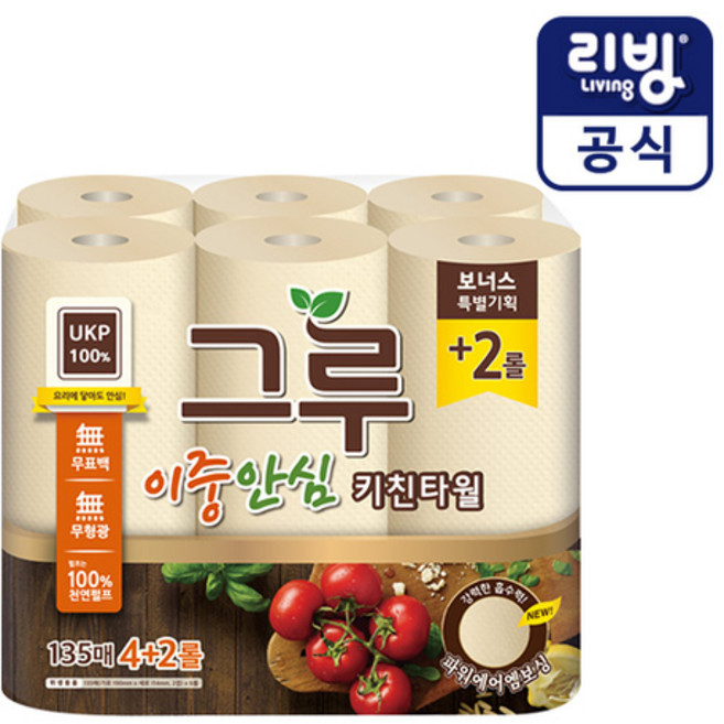 [삼정펄프] 그루 무표백 키친타올 135매, 1개, 6롤