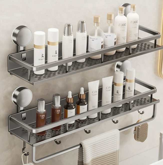 무타공 흡착식 욕실 선반 스페이스 알루미늄 2단 | 물빠짐 홀 + 후크걸이 | 욕실 정리 수납대, 1개, 총알회색 (후크 포함) 2단