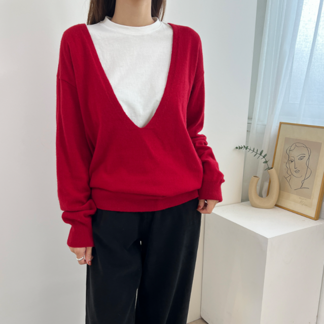 (울80) 딥 브이넥 루즈핏 유니크 울 니트 티셔츠 4color