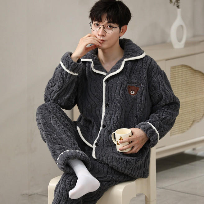 스타일닥터 겨울 코럴 캐시미어 커플 곰돌이 잠옷 귀엽고 상큼하며 편안하고 따뜻한 극세사 수면잠옷
