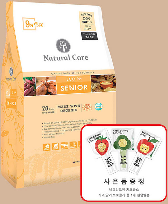 네츄럴코어 에코9a 시니어 오리고기 유기농 강아지사료 관절기능유지(간식증정 2가지 랜덤발송), 6kg, 1개