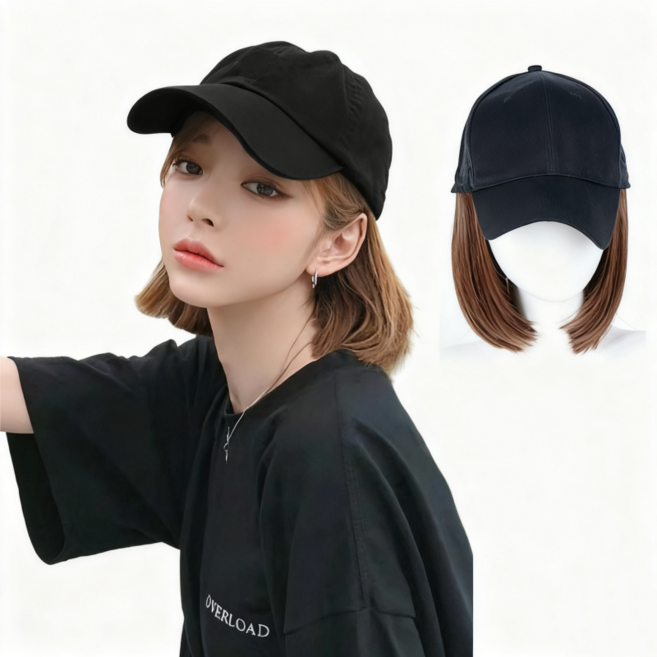 상덕 요즘유행 모자 가발 여성 가발 짧은 생머리, 1개, 블랙모자，라이트브라운헤어