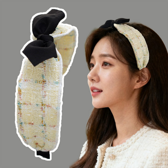 [HANNAL] 트위드 체크 리본 와이드 레트로 반다나 머리띠