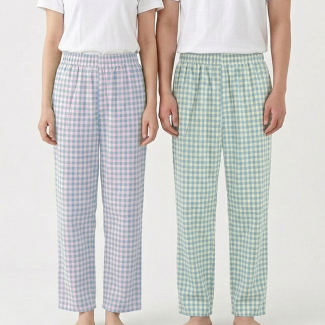 하바우 1+1 지지미 남여공용 시어서커 와이드 체크 잠옷바지 2종 세트