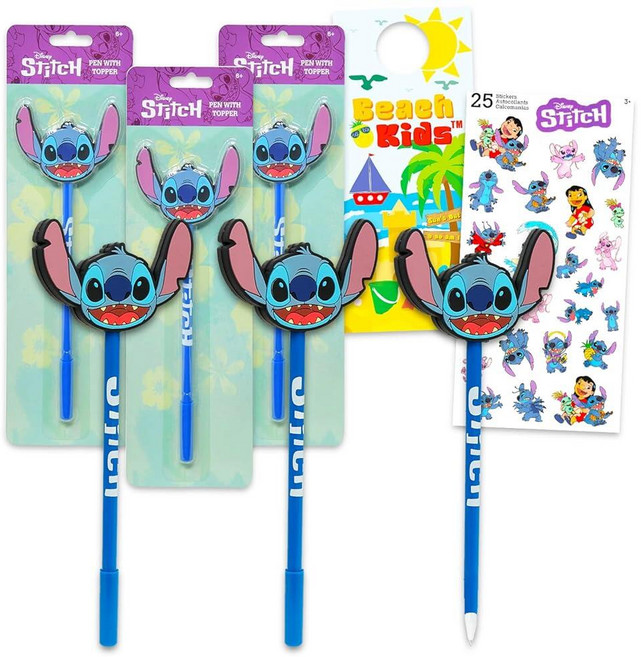 Disney 스티치 펜 세트 - 스티치 헤드 토퍼 플러스 스티커 및 기타 릴로 및 스티치 사무용품 팩이 있는 볼펜 3개 번들, Disney 스티치 펜 세트 - 스티치 헤드 토퍼 플러