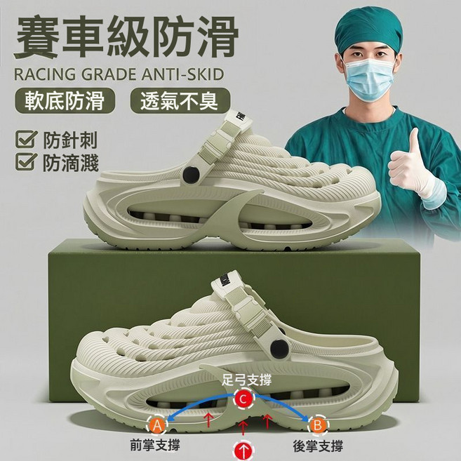 醫用手術室拖鞋足弓支撐厚底洞洞鞋 防臭防滑 男鞋 男拖鞋 洞洞鞋男, 10 cm, 米绿【医护人员推荐+足弓支撑】:44-45（推荐43-44脚）