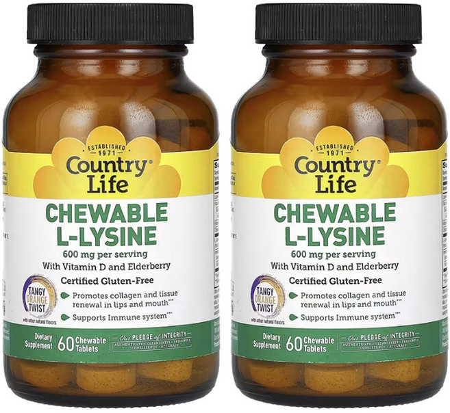 Country Life Chewable L-Lysine 600mg 컨트리라이프 츄어블 엘 리신 비타민D 엘더베리 600mg 60정 x 2병