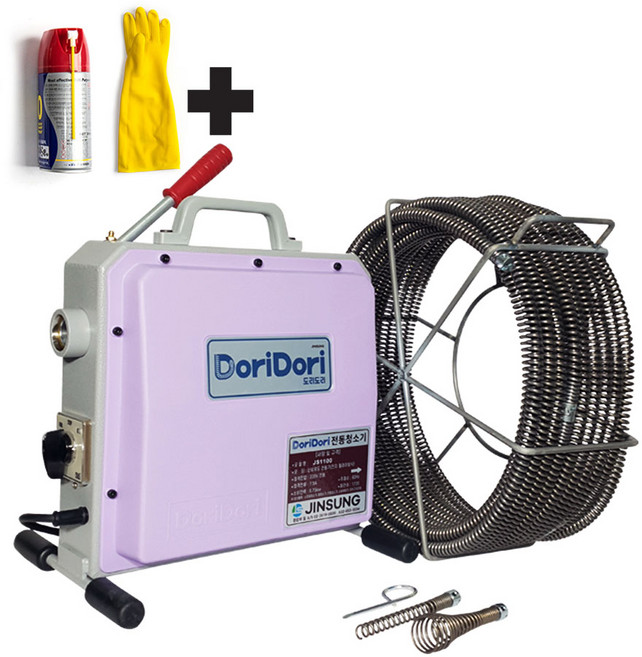 진성 도리도리 1마력 전동 스프링 청소기 업소용 식당 상가 하수구 뚫는 기계 싱크대 배관 막힘 관통기 국산 JS1100 20m, 1세트, 22mm(20m)+스프링헤드3종