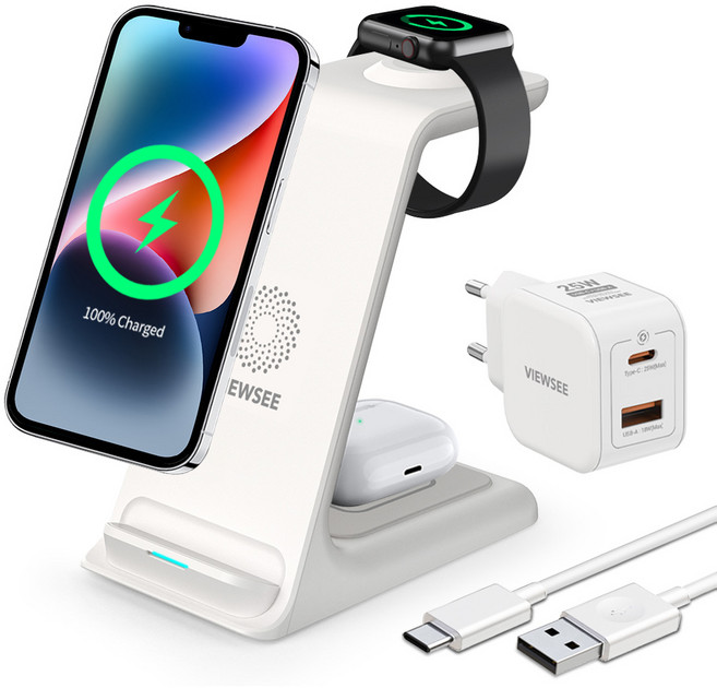 뷰씨 3in1 고속 무선 충전기 거치대 애플워치 갤럭시 워치 호환 25w 초고속 충전기 포함, 화이트