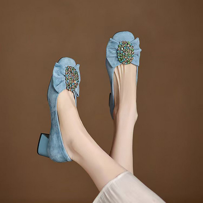 ROYALBELLE 여성 리본 큐빅 장식 신발 스웨이드 중힐 구두 편한 로우컷 펌프스 E0072813