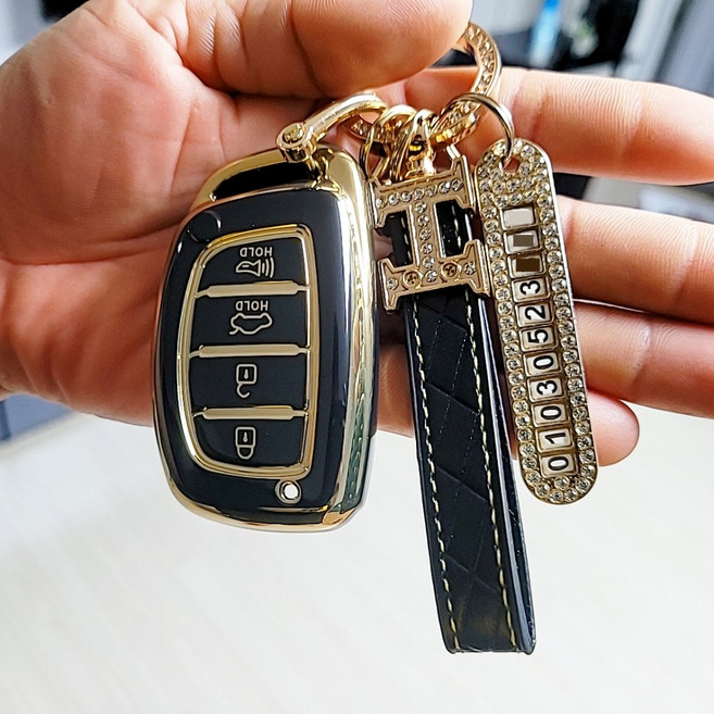 포스워백 현대 4버튼 캐스퍼 아반떼 AD MD 아이오닉 LF쏘나타 뉴투싼ix 올뉴투싼 뉴라이즈 신형i40 호환 스마트키 TPU 키케이스 키링 키홀더, 블랙