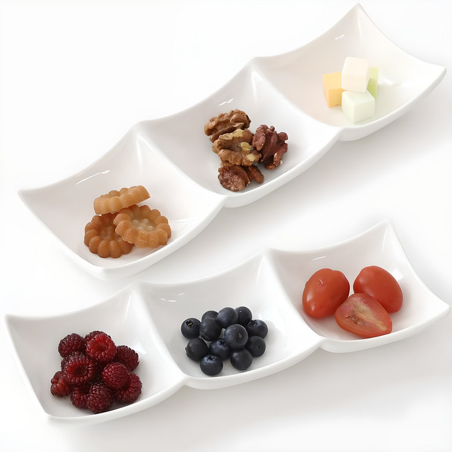 1+1 파쿠젠 도자기 나눔 접시세트 직사각 3절, 화이트 2p, 1세트