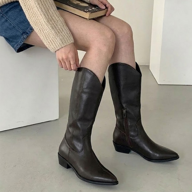 타니즈 로폰 봄 가을 여성 부츠 옆지퍼 웨스턴 통굽 롱부츠 (4.7cm)