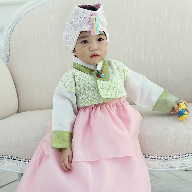잎새 여아 한복 1세 돌 아기 베이비 연두 레이스 핑크치마 국내생산