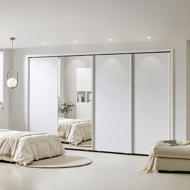 보루네오 은경도어 슬라이딩 붙박이장 거울 240~390cm 10자 E0등급, 화이트