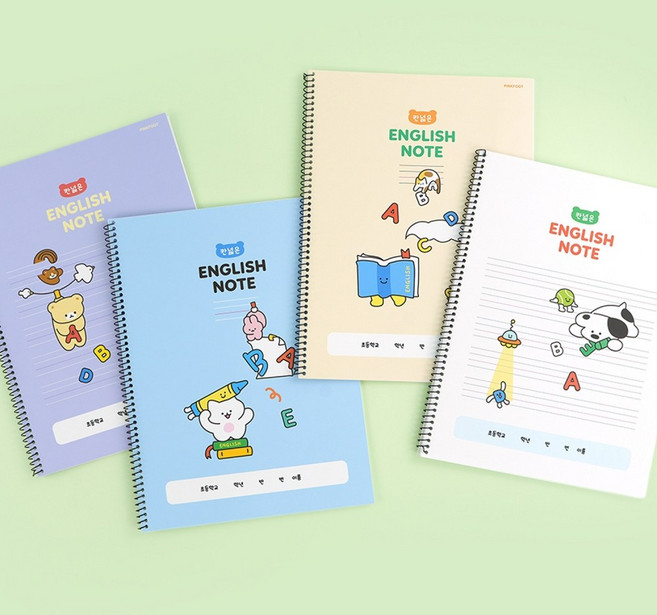 설래임 핑크풋 초등학생 스프링 와글와글 칸 넓은 영어노트, 8개, 랜덤색상