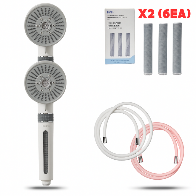 아토퓨어 필터 샤워기헤드 아기 온오프 마이크로버블 [고급형 실리콘호스 패밀리세트], 샤워기2개+필터2년+실리콘호스(핑크+화이트)2m 2개, 1세트