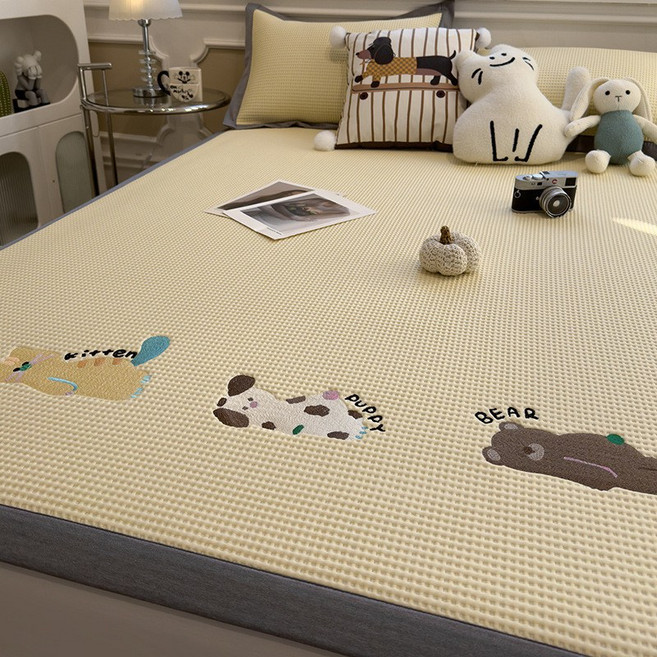 華夫格繡花冰絲涼蓆，夏季空調席，兩件套/三件套，家用摺疊透氣冰豆豆蓆, 懶懶小憩-牀蓆,2*2.2m涼蓆+枕套2只