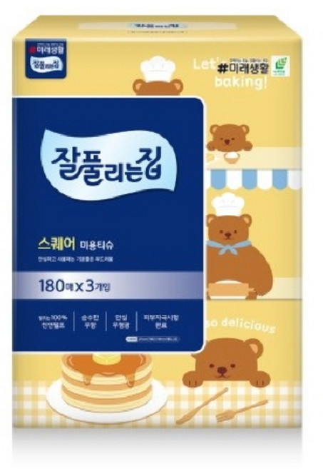잘풀리는집 스퀘어 천연펄프 미용티슈 2겹, 3개, 180매