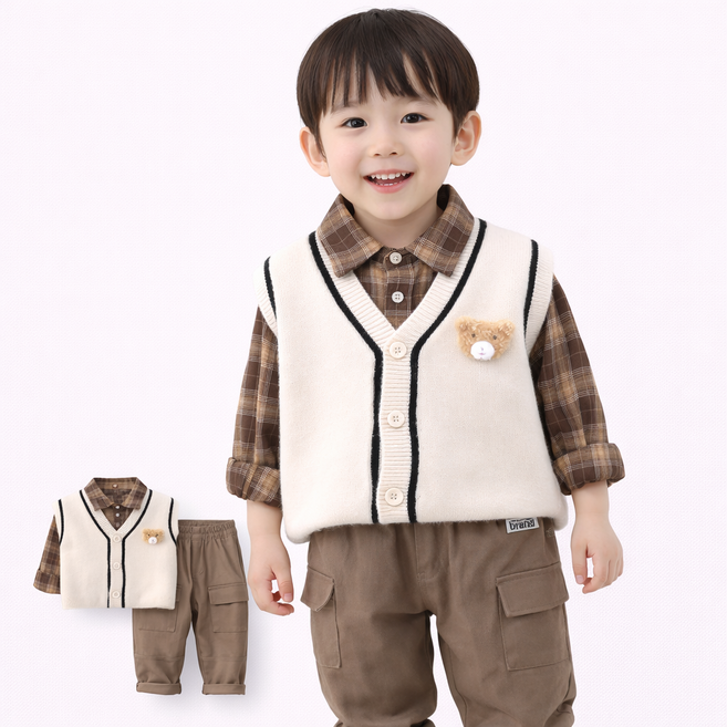 남아 유아 체크셔츠 조끼세트 가을 등원룩 아동코디 3종세트