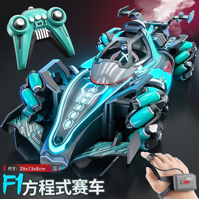DFMEI 噴霧F1遙控車2.4G遙控車手勢感應賽車兒童特技漂移四驅車, 1個, 【手柄+手錶 雙控】噴霧方程式漂移賽車-藍:推薦兩電池【玩約70分鐘】