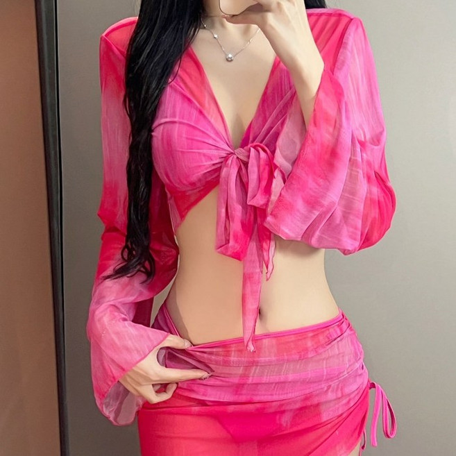 탑트레일 섹시 리본 셔링 4피스 비키니 비치웨어 체형커버 시스루비키니, 레드