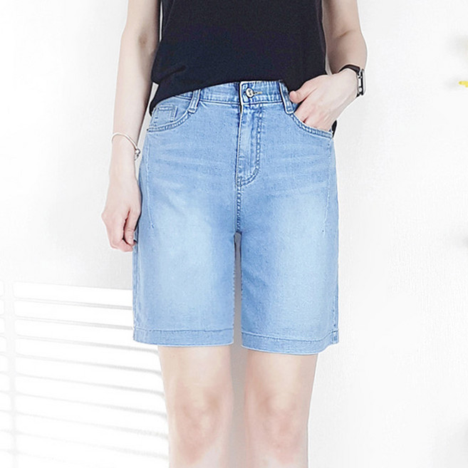 7위 - 103st 사선절개 연청 밴딩 스판 데님 반바지 4.5부 여름 청반바지/S~3XL 여성 빅사이즈