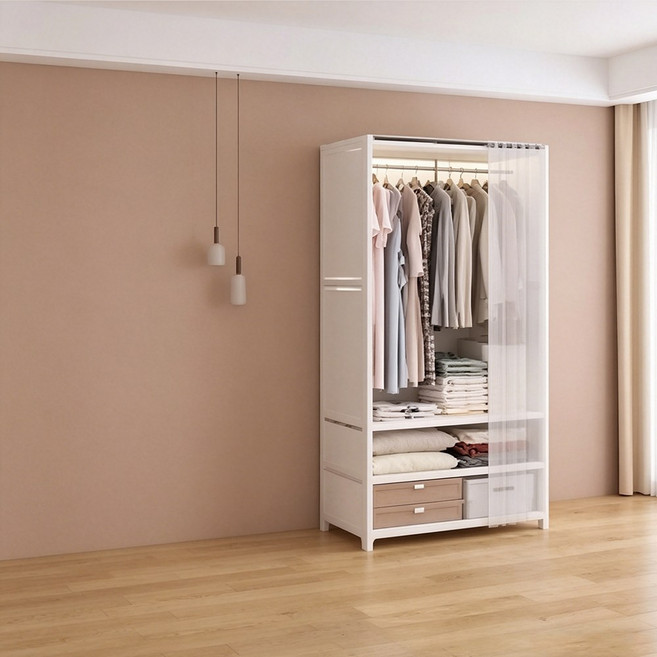 日系簡易衣櫃 家用臥室多層收納櫃 大容量掛衣架 開放式衣櫥 防塵設計 帶抽屜 無甲醛防霉防潮, 【無抽屜款】-單排-星空白-衣櫃,限时活动价【多层大容量】