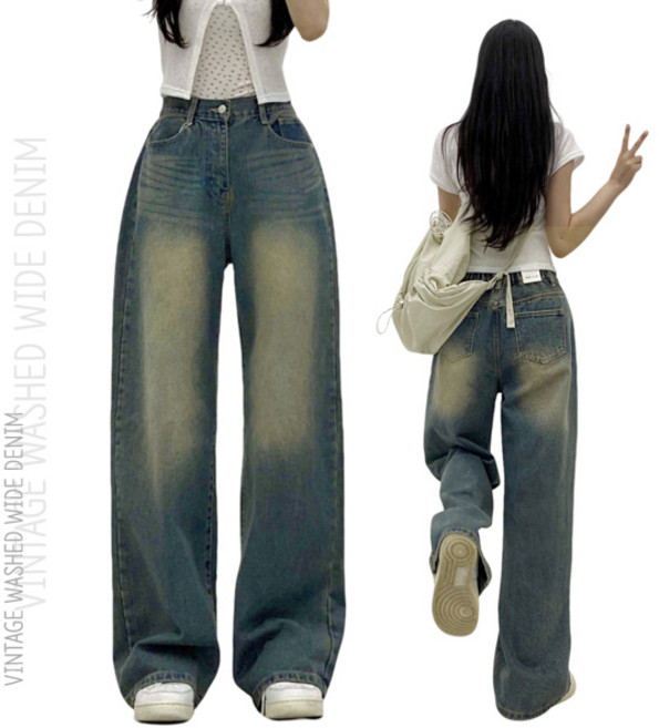 핫투 3단기장[브러쉬워싱/와이드]빈티지워싱 뒷밴딩 하이웨스트 난스판 데님팬츠 청바지 3C