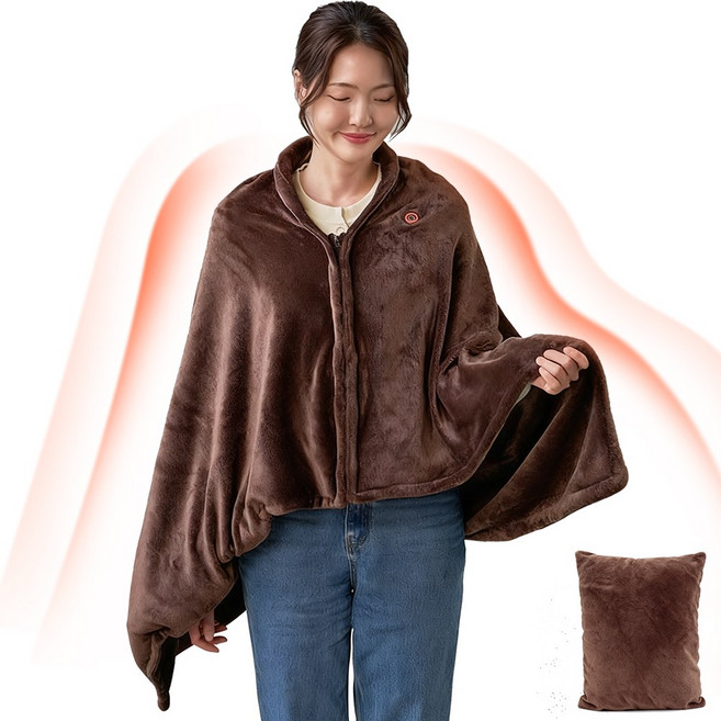 Moteur KC인증 입는 전기담요 조끼 두꺼운 극세사 3단 조절 전기망토 USB 발열 담요 숄 지퍼형 쿠션 변신 겨울 사무실 캠핑 전기 무릎담요 난방비 절약