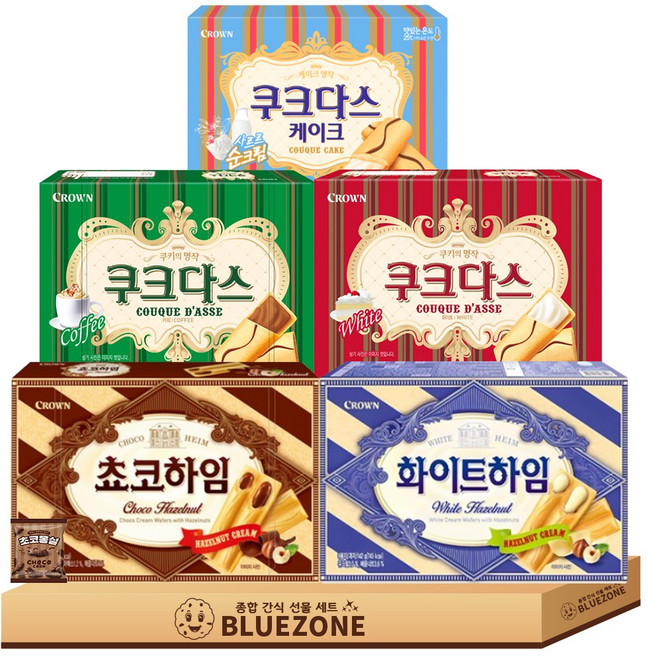 크라운 사무실 과자 세트 쿠크다스 케이크 75g 쿠크다스 화이트 128g 쿠크다스 커피 128g 화이트화임 142g 쵸코하임 142g 몽실22g, 1개