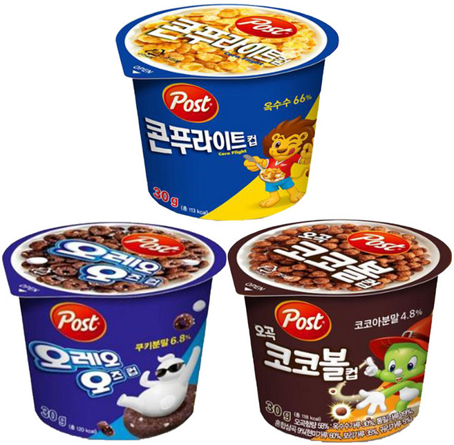 동서 포스트 컵시리얼 30g 12개 ( 콘푸라이트 4 + 오레오오즈 4 + 오곡코코볼 4 ), 1세트