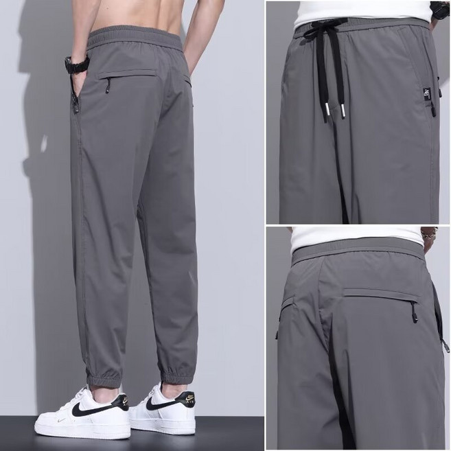 夏季冰絲休閒長褲 拉鍊口袋速乾運動褲 男女款涼感束腳工作褲