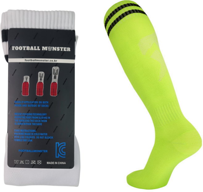 풋볼몬스터 논슬립 축구양말 3EA 1셋 어린이 유소년 성인용 스포츠삭스, 형광그린, 3개, 1세트