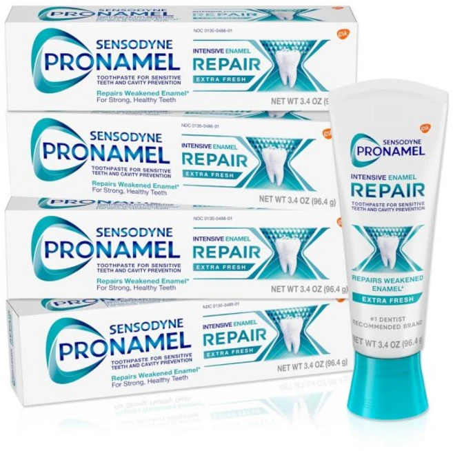 치약 구취제거 구강청결 충치 민감한 치아를 위한 센소다인 프로나멜 인텐시브 에나멜 리페어 및 강화 더욱 신선함 3.4온스4개, 4개, 96.4g - 쿠팡