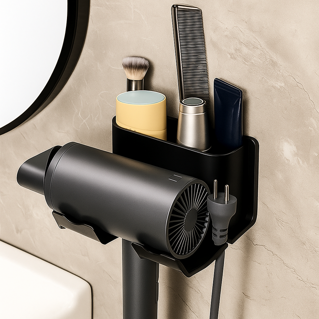 코지드 무타공 깊은 수납형 강력부착 헤어 드라이기 거치대, 1세트, 블랙