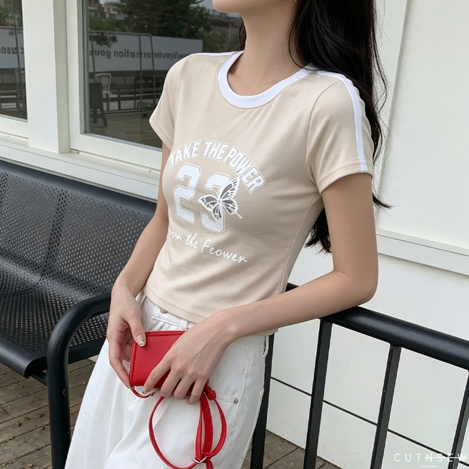 CUTNSEW 美式印花短版Tee 運動風拼接線條