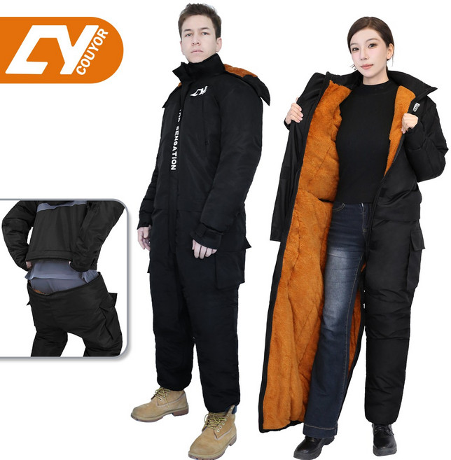 couyor 겨울 라이딩 오토바이 방한복 방한 방풍 배달 방한복 라이더 우주복 겨울 배달 우주복 기모안감 바이크 방한복, 블랙-기모안감