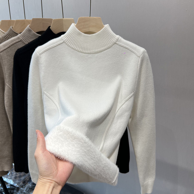 미중 여성 추동 뉴 기모 두꺼운 니트 따듯한 바탕 반폴라 순색 심플 스웨터 yy