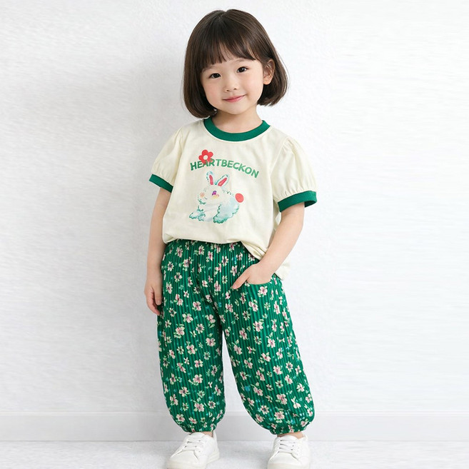 키즈 반팔 상하복 라운드넥 프린팅 티셔츠 고쟁이 밴딩 바지 투피스