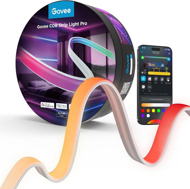 Govee COB LED 스트립 라이트 프로 알렉사와 호환되는 침실용 조명 Google 어시스턴트 및 매터 따뜻한 흰색 RGBICW 스마트 색상 변경 9.8피트, 9.8ft