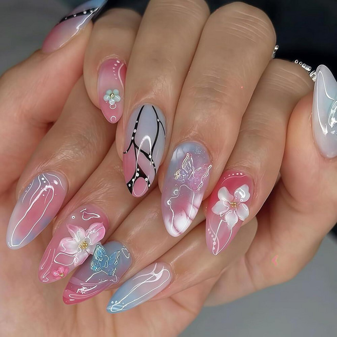 Summer Press on Nails 롱 아몬드 페이크 네일 3D 플라워 디자인 나비 엠보싱 디자인 풀 커버 스틱 온 네일 펄 샤이니 프레스 온 네일 귀여운 네일 여, Summer Press on Nails 롱 아몬드 페이