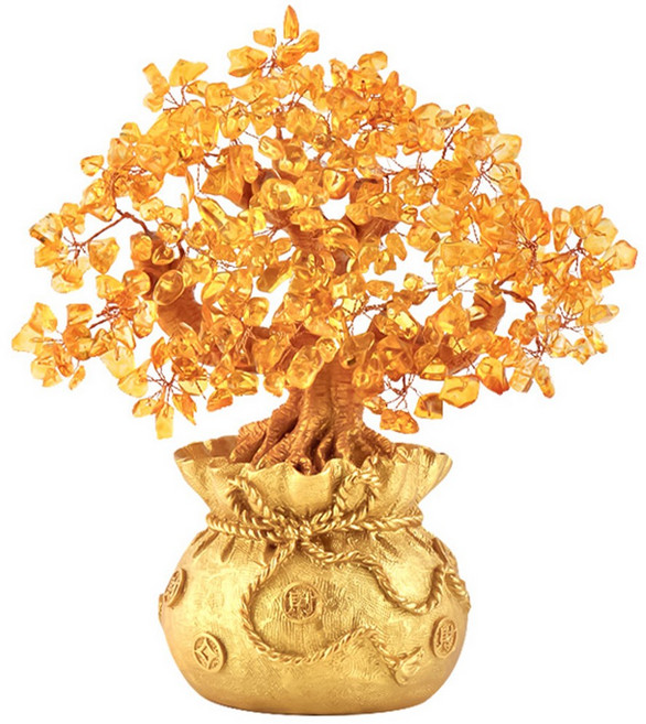 황금 수정 나무 주머니 돈나무 보석 금전수 화분 거실 인테리어 풍수 재물운 소품 개업 축하, R35035D(황금수정