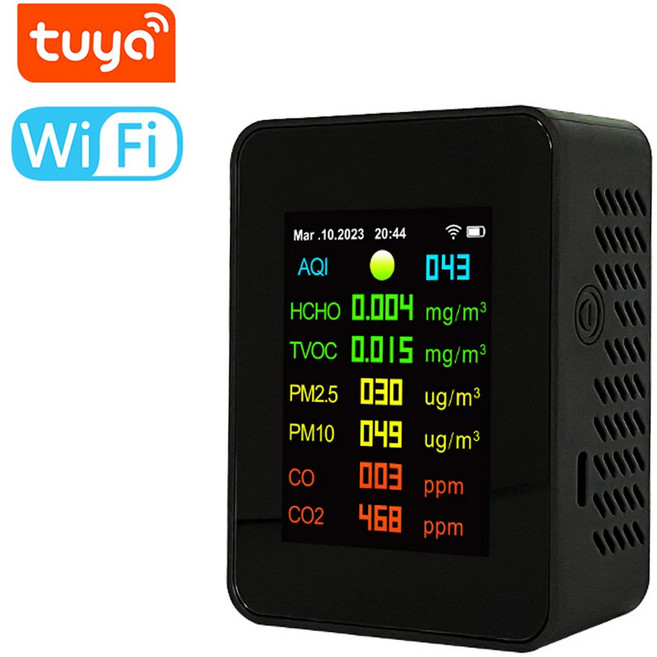 투야 와이파이 공 검사기 PM10 인 검사 날짜 분석기 PM2 공기 TVOC 7 이산화탄소 표시 감지기 5 HCHO AQI CO2 시간 CO, 검정색, 1개