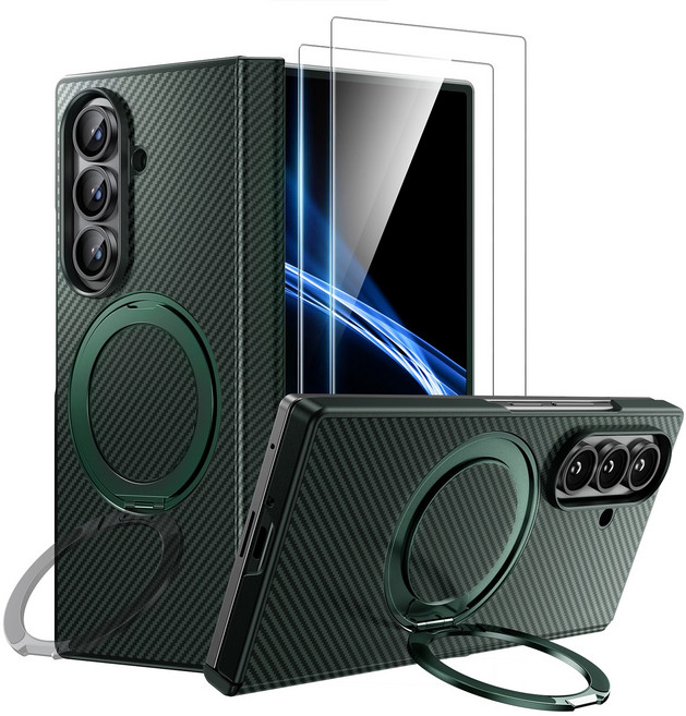 WSKEN 카본 아라미드 갤럭시 Z 폴드7 케이스 힌지보호 360도 회전식 링스탠드 마그네틱 맥세이프 + 전면 9H 보안 강화유리 필름