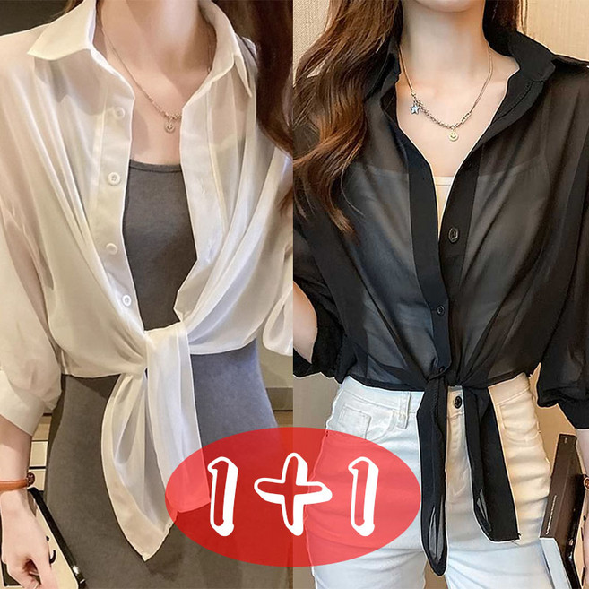 1+1 여성용 쉬폰 카디건 루즈핏 숏 7부소매 블라우스 자외선 차단 셔츠