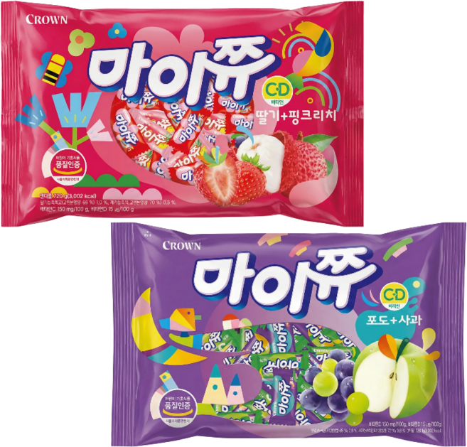 크라운 마이쮸 딸기 복숭아 720g + 포도 사과 720g 세트, 2개