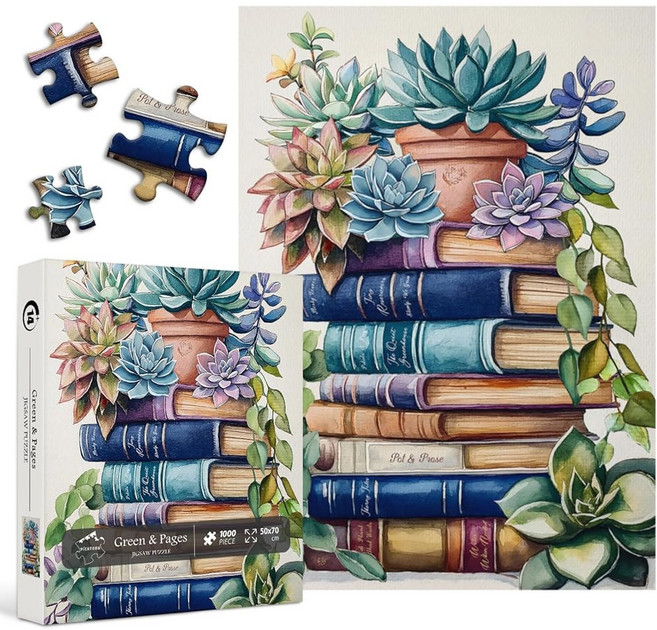 Vintage Book Puzzles for Adults PICKFORU Succulent Plant Jigsaw 1000 Pieces Retro Garden Bookshelf, 1개